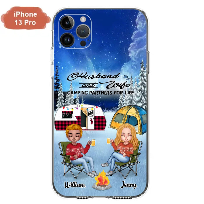 Personalized Camping Couple Xmas Phone Case - Christmas Gift For Couple/Camping Lover/ Dog Lover - Couple With Up to 4 Dogs - Husband And Wife Camping Partners For Life - Case For iPhone And Samsung