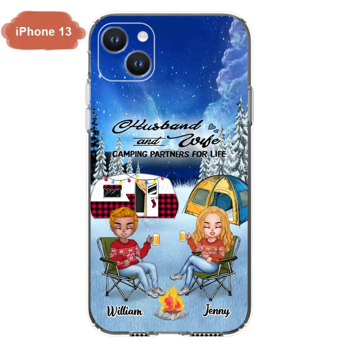 Personalized Camping Couple Xmas Phone Case - Christmas Gift For Couple/Camping Lover/ Dog Lover - Couple With Up to 4 Dogs - Husband And Wife Camping Partners For Life - Case For iPhone And Samsung