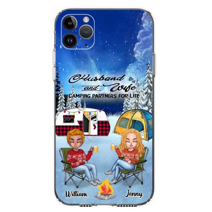 Personalized Camping Couple Xmas Phone Case - Christmas Gift For Couple/Camping Lover/ Dog Lover - Couple With Up to 4 Dogs - Husband And Wife Camping Partners For Life - Case For iPhone And Samsung
