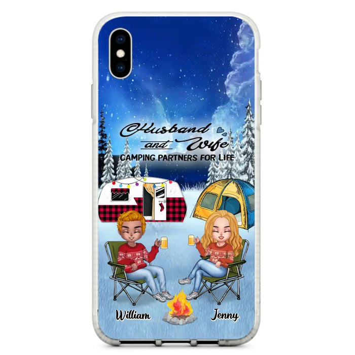 Personalized Camping Couple Xmas Phone Case - Christmas Gift For Couple/Camping Lover/ Dog Lover - Couple With Up to 4 Dogs - Husband And Wife Camping Partners For Life - Case For iPhone And Samsung