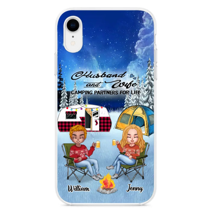 Personalized Camping Couple Xmas Phone Case - Christmas Gift For Couple/Camping Lover/ Dog Lover - Couple With Up to 4 Dogs - Husband And Wife Camping Partners For Life - Case For iPhone And Samsung