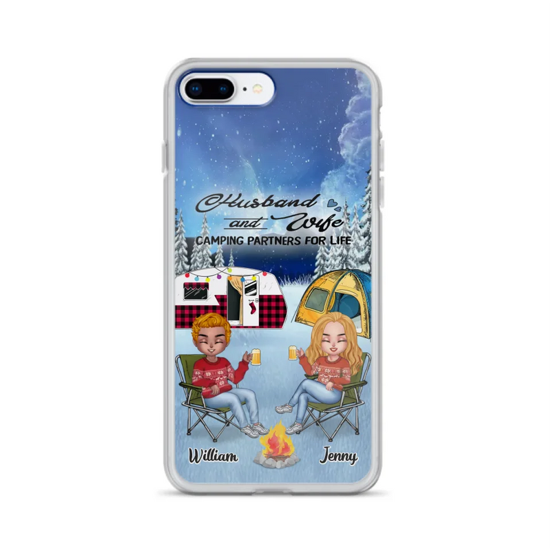 Personalized Camping Couple Xmas Phone Case - Christmas Gift For Couple/Camping Lover/ Dog Lover - Couple With Up to 4 Dogs - Husband And Wife Camping Partners For Life - Case For iPhone And Samsung