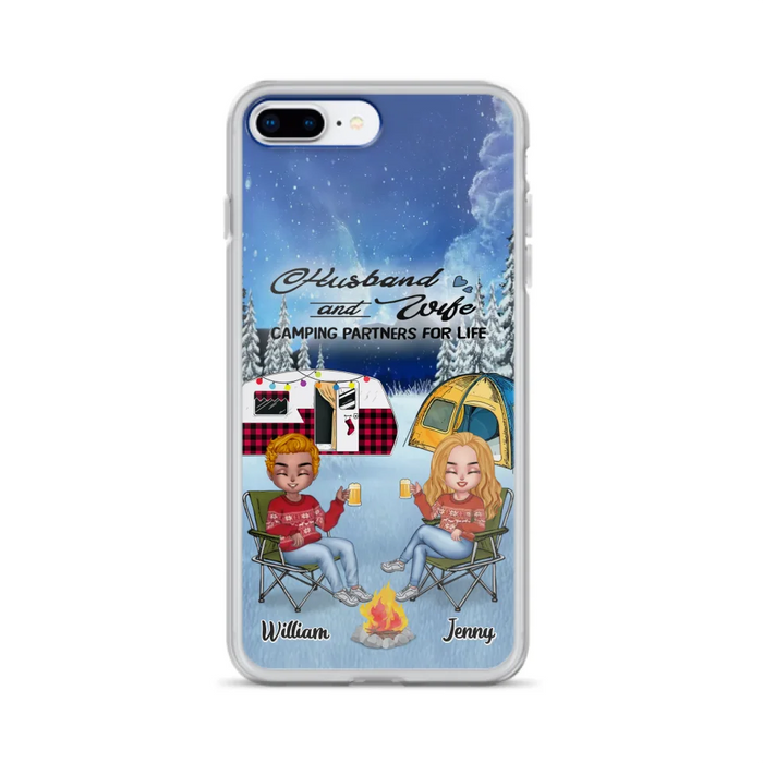 Personalized Camping Couple Xmas Phone Case - Christmas Gift For Couple/Camping Lover/ Dog Lover - Couple With Up to 4 Dogs - Husband And Wife Camping Partners For Life - Case For iPhone And Samsung