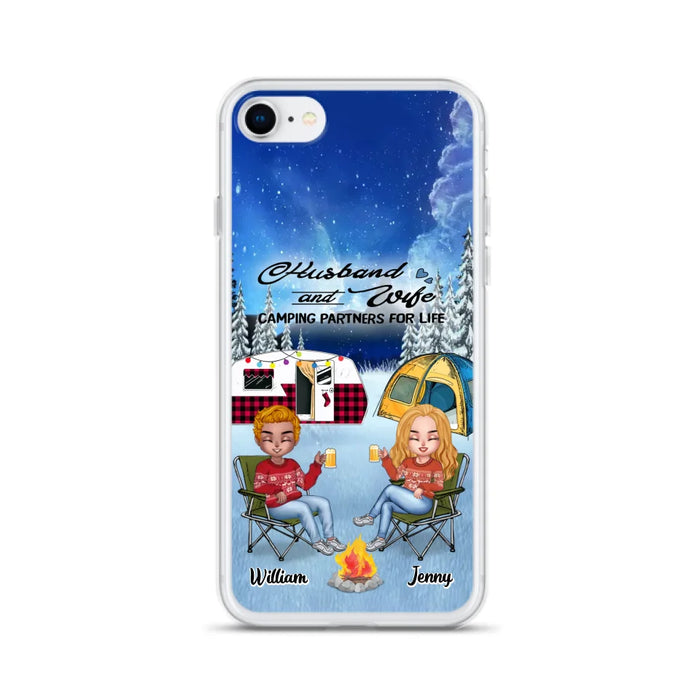 Personalized Camping Couple Xmas Phone Case - Christmas Gift For Couple/Camping Lover/ Dog Lover - Couple With Up to 4 Dogs - Husband And Wife Camping Partners For Life - Case For iPhone And Samsung