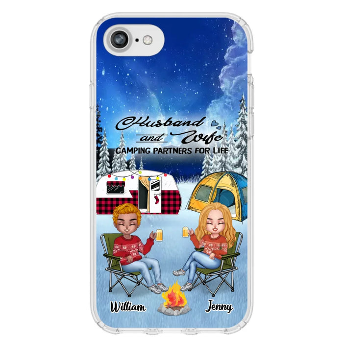 Personalized Camping Couple Xmas Phone Case - Christmas Gift For Couple/Camping Lover/ Dog Lover - Couple With Up to 4 Dogs - Husband And Wife Camping Partners For Life - Case For iPhone And Samsung