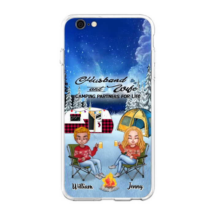 Personalized Camping Couple Xmas Phone Case - Christmas Gift For Couple/Camping Lover/ Dog Lover - Couple With Up to 4 Dogs - Husband And Wife Camping Partners For Life - Case For iPhone And Samsung