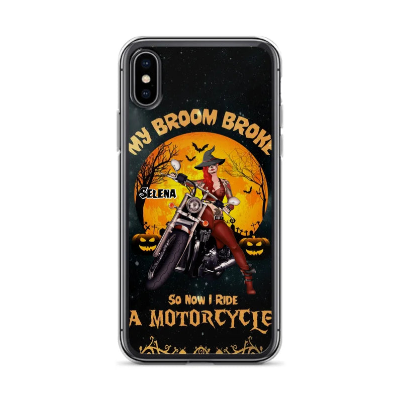 Custom Personalized Witch Phone Case - Upto 4 Dogs - Halloween Gifts For Friends/Dog Lovers  - My Broom Broke So Now I Ride A Motorcycle - Case For iPhone/Samsung