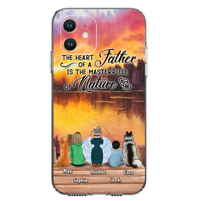 Custom Personalized Father Fishing Phone Case - Father With Up to 2 Kids And 2 Pets - Gift Idea For Father/ Fishing Lover - The Heart Of A Father Is The Masterpiece Of Nature - Case For iPhone And Samsung