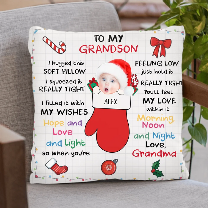 Personalized Christmas Pillow Cover - Christmas Gift Idea From Grandma - Upload Photo - To My Grandson/Granddaughter