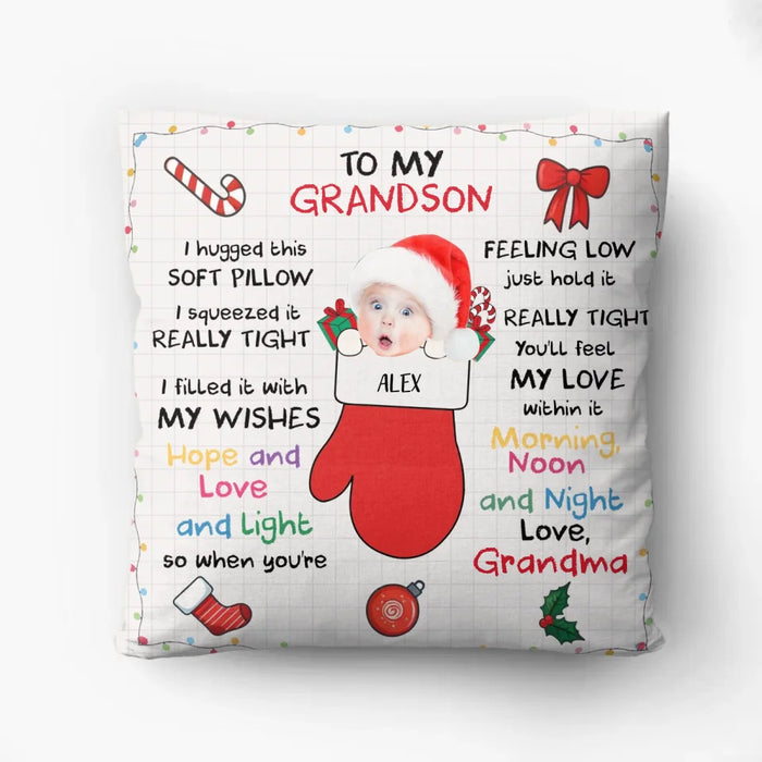 Personalized Christmas Pillow Cover - Christmas Gift Idea From Grandma - Upload Photo - To My Grandson/Granddaughter