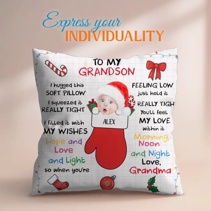 Personalized Christmas Pillow Cover - Christmas Gift Idea From Grandma - Upload Photo - To My Grandson/Granddaughter