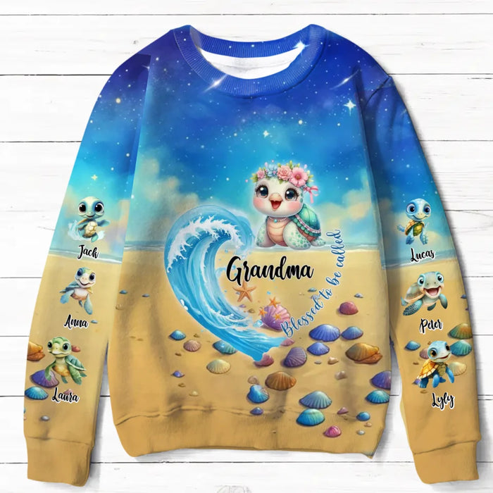 Personalized Turtle Grandma AOP Sweater - Gift Idea For Grandma with up to 6 Turtles - Blessed To Be Called Grandma