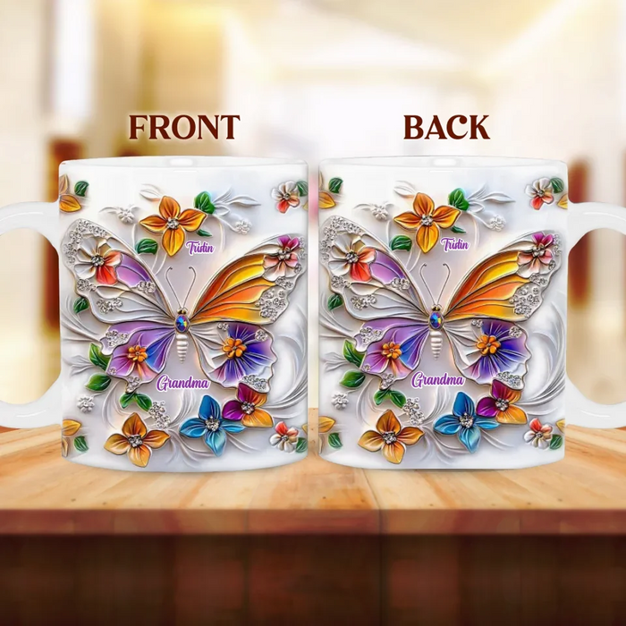 Personalized Grandma Butterfly Coffee Mug/Accent Mug - Up to 8 Kids - Gift Idea For Grandma