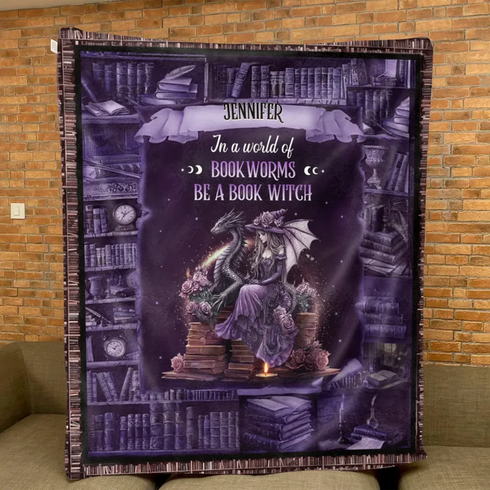 Personalized Book Witch Dragon Quilt/Fleece Throw Blanket - Gift Idea For Witch/Book Lover - In A World Of Book Worms Be A Book Witch