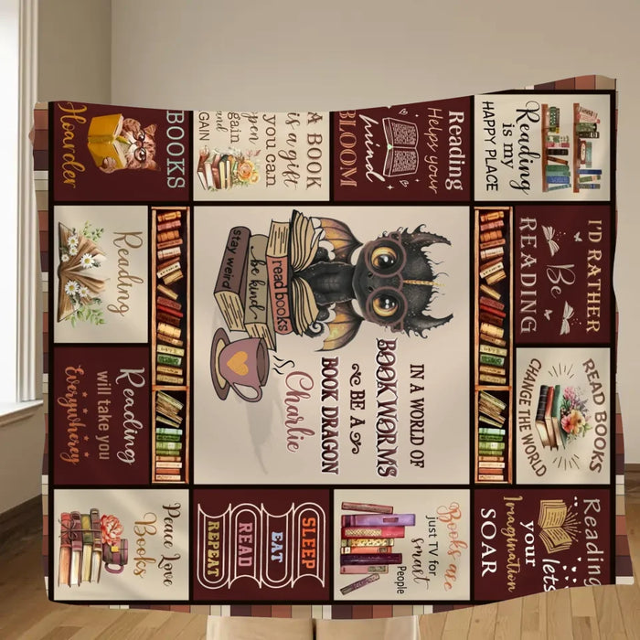 Personalized Books & Dragon Quilt/Fleece Throw Blanket - Gift Idea For Book Lover - In A World Of Bookworms Be A Book Dragon
