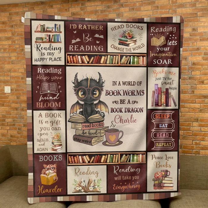 Personalized Books & Dragon Quilt/Fleece Throw Blanket - Gift Idea For Book Lover - In A World Of Bookworms Be A Book Dragon