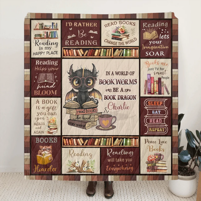 Personalized Books & Dragon Quilt/Fleece Throw Blanket - Gift Idea For Book Lover - In A World Of Bookworms Be A Book Dragon