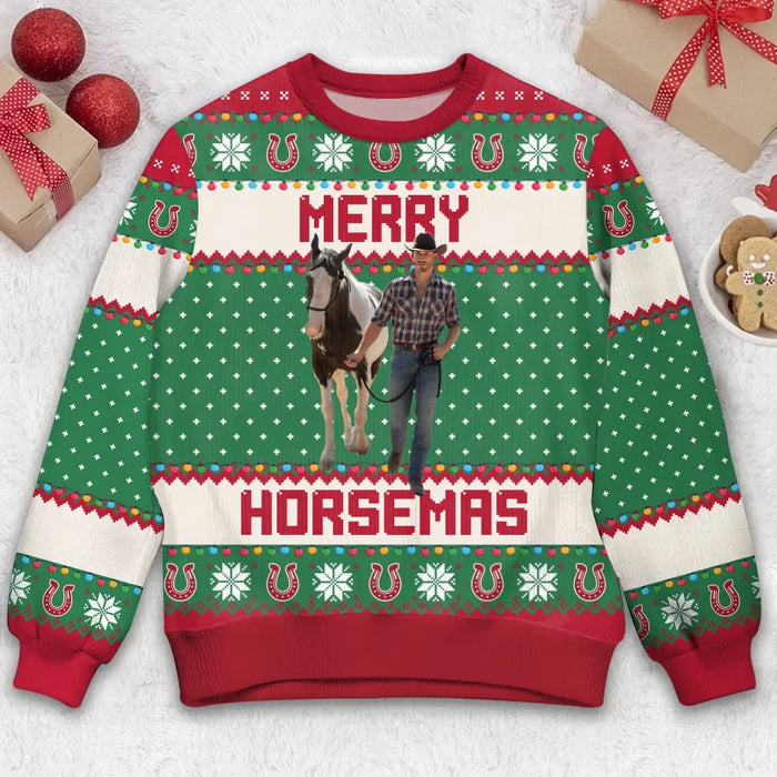 Personalized Merry Horsemas Ugly Sweater - Christmas Gift Idea For Horse Lover - Upload Photo