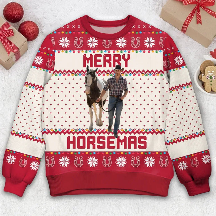 Personalized Merry Horsemas Ugly Sweater - Christmas Gift Idea For Horse Lover - Upload Photo