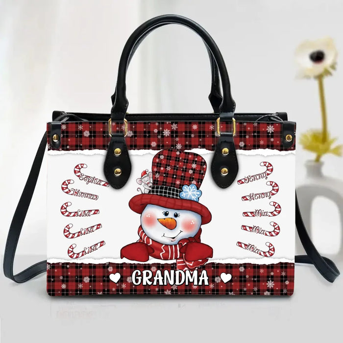 Personalized Grandma Snowman PU Leather Handbag With Long Straps - Up to 10 Kids - Christmas Gift Idea For Grandma/Nana
