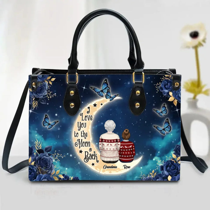 Personalized Grandma PU Leather Handbag With Long Straps - Up to 3 Kids - Mother's Day Gift Idea For Grandma/Nana - I Love You To The Moon & Back