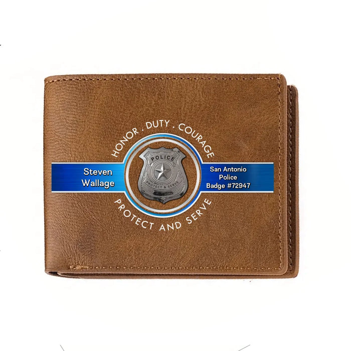 Personalized Police Leather Wallet - Father's Day Gift Idea for Police - Honor Duty Courage