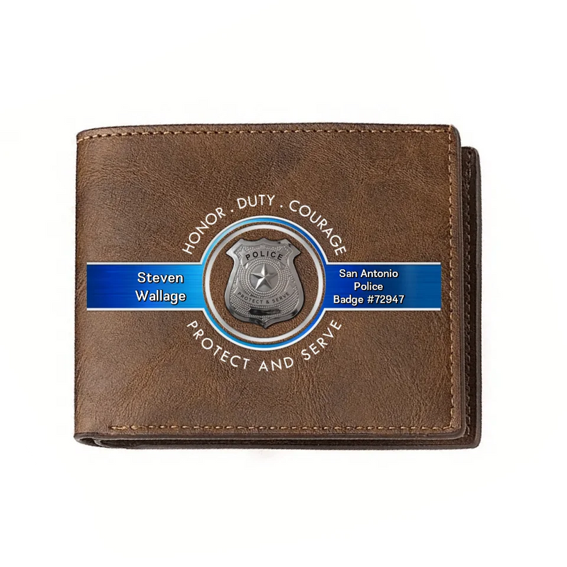 Personalized Police Leather Wallet - Father's Day Gift Idea for Police - Honor Duty Courage