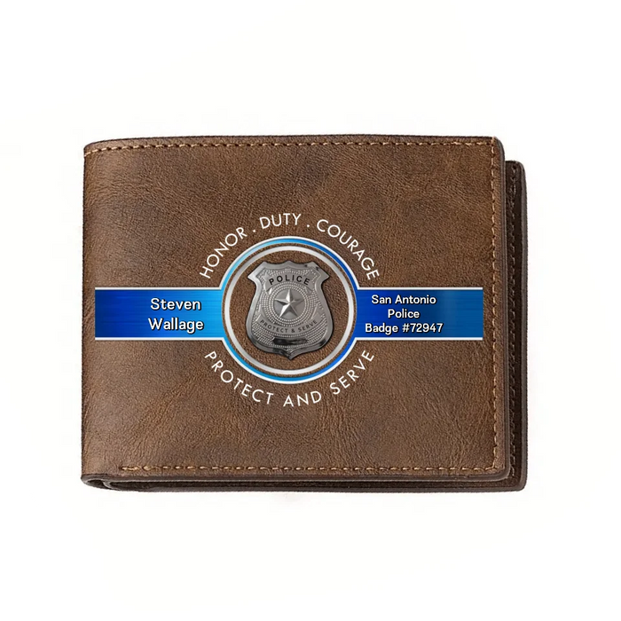 Personalized Police Leather Wallet - Father's Day Gift Idea for Police - Honor Duty Courage