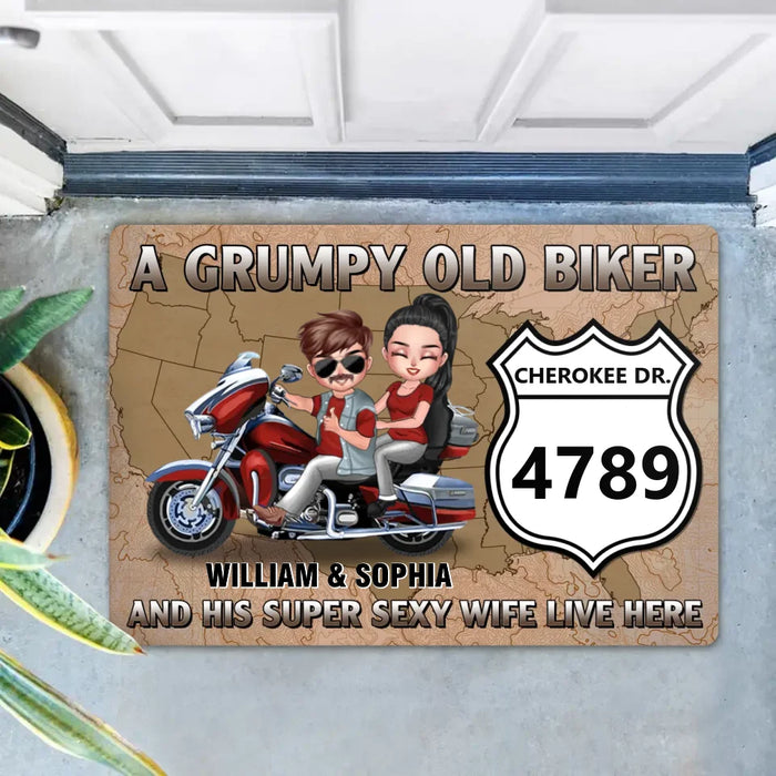 Personalized Old Biker Couple Doormat - Gift Idea For Couple/Biker - A Grumpy Old Biker And His Super Sexy Wite Live Here