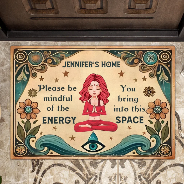 Personalized Yoga Doormat - Gift Idea for Yoga Lovers - Please Be Mindful of The Energy You Bring Into This Space