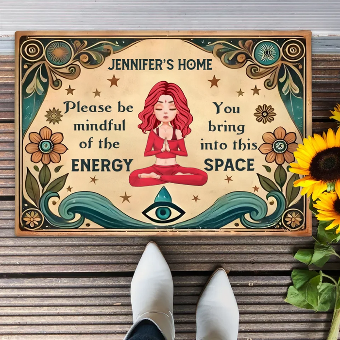Personalized Yoga Doormat - Gift Idea for Yoga Lovers - Please Be Mindful of The Energy You Bring Into This Space