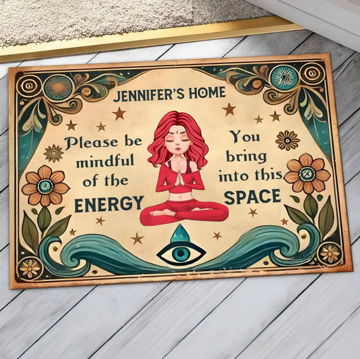 Personalized Yoga Doormat - Gift Idea for Yoga Lovers - Please Be Mindful of The Energy You Bring Into This Space