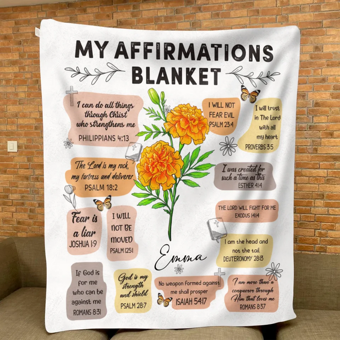 Personalized Birth Month Flower Christian Bible Verse Affirmations Pillow Cover/Quilt/Fleece Throw Blanket - Christian Girl's Affirmation Gift