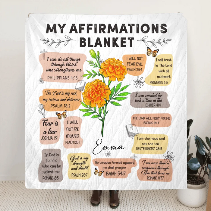 Personalized Birth Month Flower Christian Bible Verse Affirmations Pillow Cover/Quilt/Fleece Throw Blanket - Christian Girl's Affirmation Gift