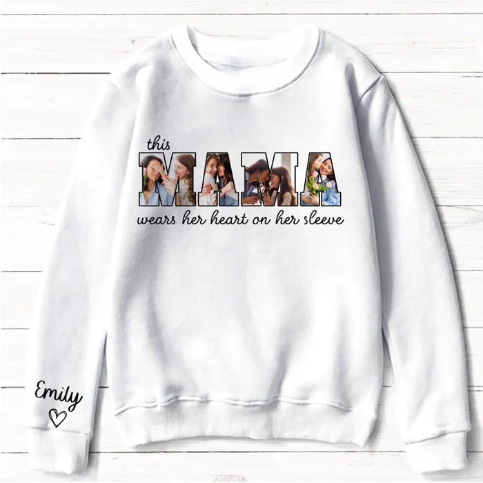 Personalized Mother AOP Sweater - Upload Photos - Gift To Grandma/Mom - This Mama Wears Her Heart On Her Sleeve
