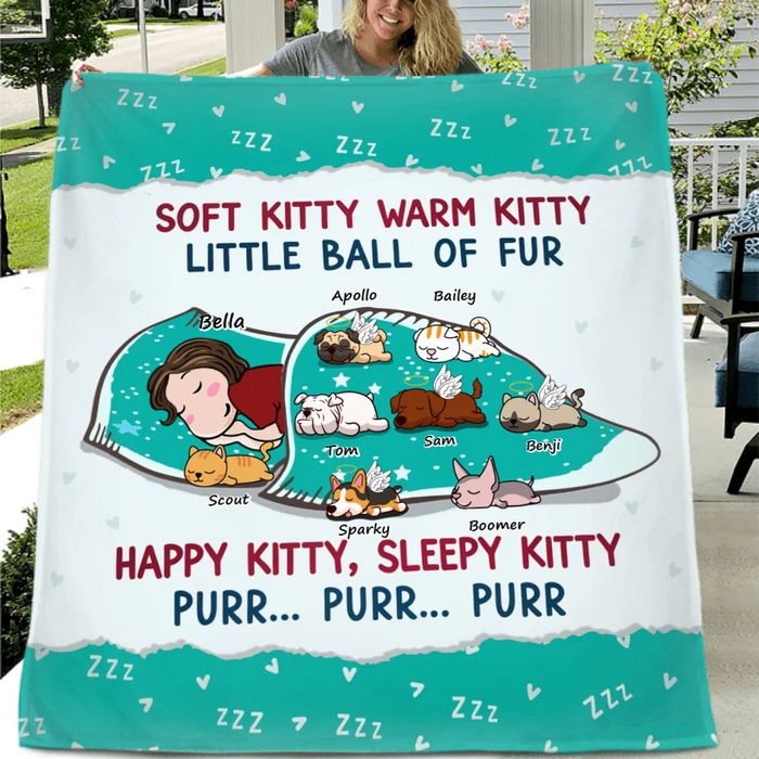 Personalized Dog Mom Quilt/Fleece Throw Blanket - Up To 8 Dogs - Mother's Day Gift For Dog Mom - Soft Kitty Warm Kitty Little Ball Of Fur