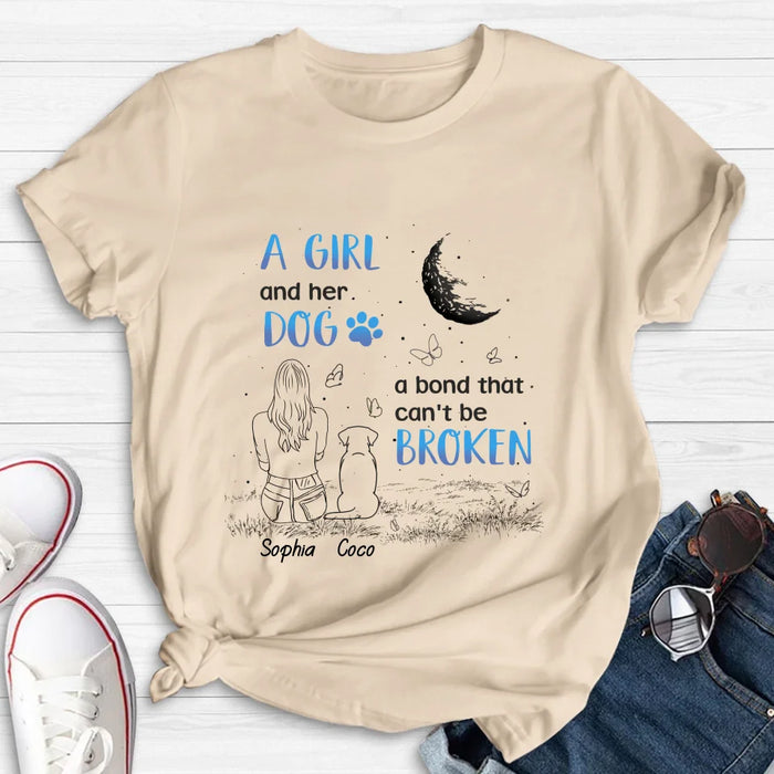 Personalized Girl And Dog T-shirt/Long Sleeve/Sweatshirt/Hoodie - Memorial Gift Idea For Dog Lover - A Girl And Her Dog A Bond That Can't Be Broken