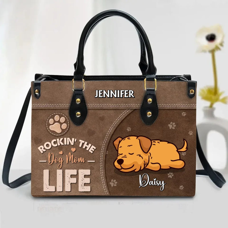 Personalized Dog Mom PU Leather Handbag With Long Straps - Up to 7 Dogs - Rockin' The Dog Mom Life - Mother's Day Gift Idea For Dog Lovers