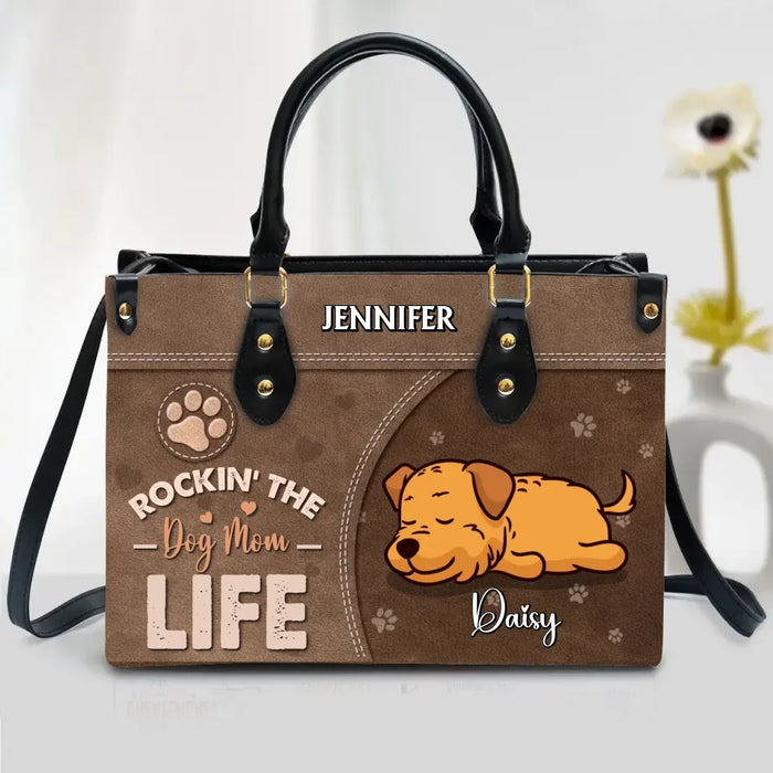 Personalized Dog Mom PU Leather Handbag With Long Straps - Up to 7 Dogs - Rockin' The Dog Mom Life - Mother's Day Gift Idea For Dog Lovers