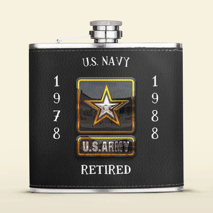 Personalized Retired Veteran Leather Flask - Father's Day Gift Idea for Veteran