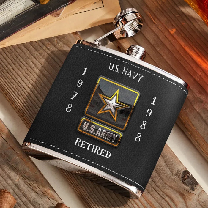Personalized Retired Veteran Leather Flask - Father's Day Gift Idea for Veteran