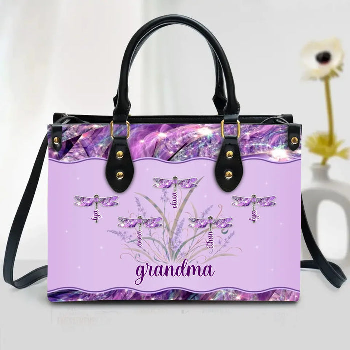 Personalized Grandma Dragonfly PU Leather Handbag With Long Straps - Mother's Day Gift Idea For Grandma/Mom
