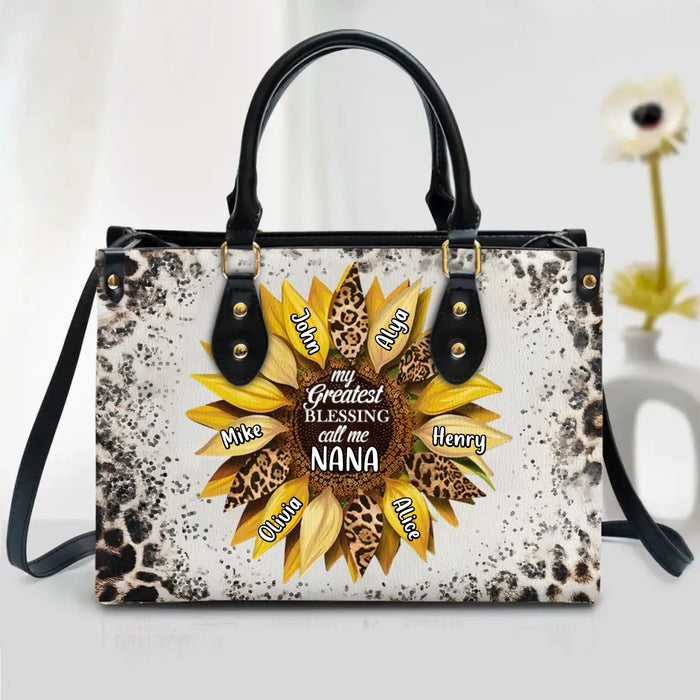Custom Grandma Leather Handbag With Long Straps - Mother's Day Gift Idea - My Greatest Blessing Call Me
