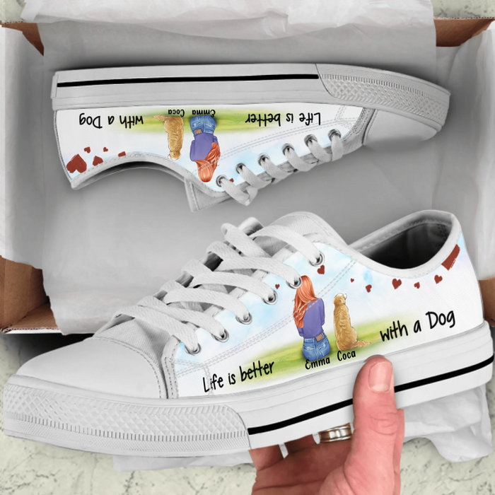 Custom Personalized Girl and Dog Sneakers - Girl with up to 3 Dogs - Life is better with a dog - NLWVKS