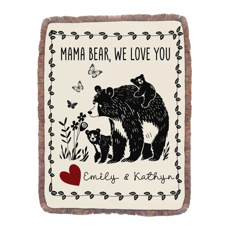 Personalized Mama Bear Fringer Blanket - Up to 7 Kids - Mother's Day Gift Idea For Grandma/Mom