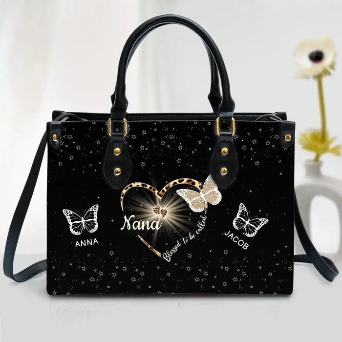 Personalized Blessed To Be Call Grandma PU Leather Handbag With Long Straps - Mother's Day Gift For Grandma/ Mom - Up to 9 Kids