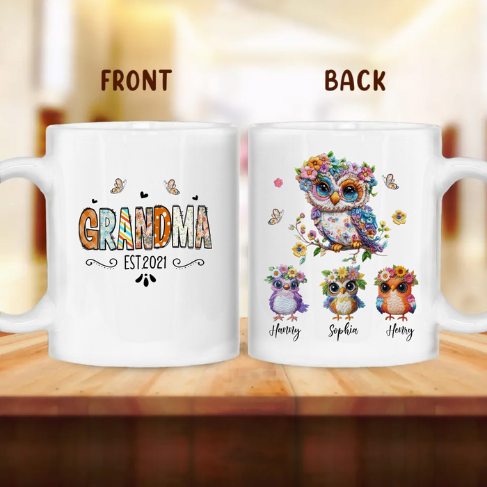 Personalized Owl Grandma Embroidered Effect Design Coffee Mug - Up to 6 Kids - Mother's Day Gift Idea for Grandma