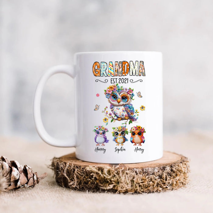 Personalized Owl Grandma Embroidered Effect Design Coffee Mug - Up to 6 Kids - Mother's Day Gift Idea for Grandma/Mom