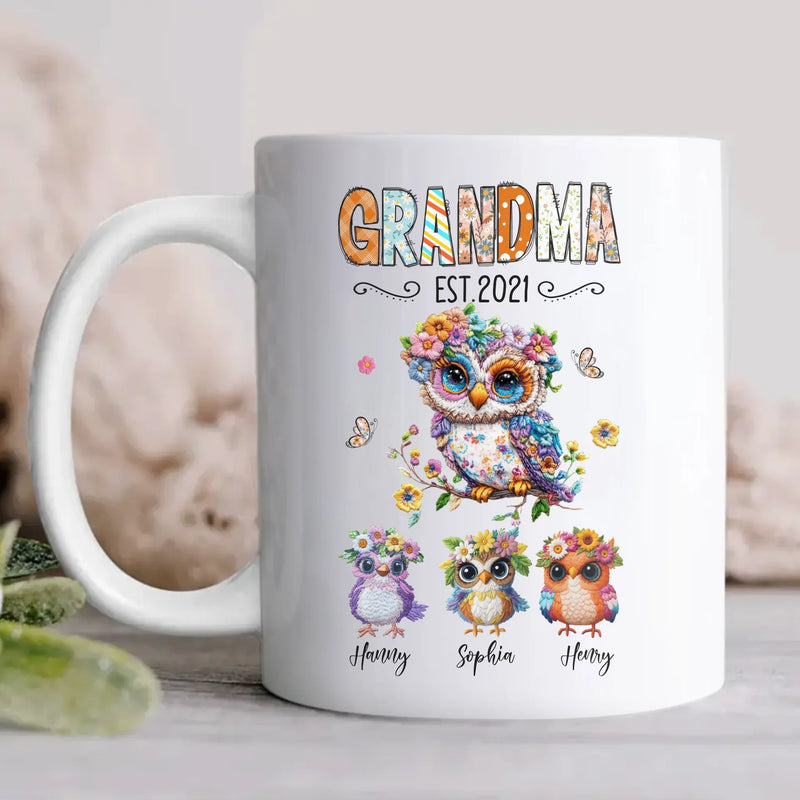 Personalized Owl Grandma Embroidered Effect Design Coffee Mug - Up to 6 Kids - Mother's Day Gift Idea for Grandma/Mom
