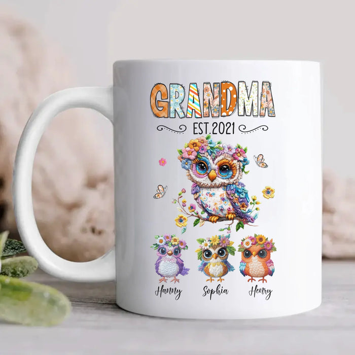 Personalized Owl Grandma Embroidered Effect Design Coffee Mug - Up to 6 Kids - Mother's Day Gift Idea for Grandma/Mom